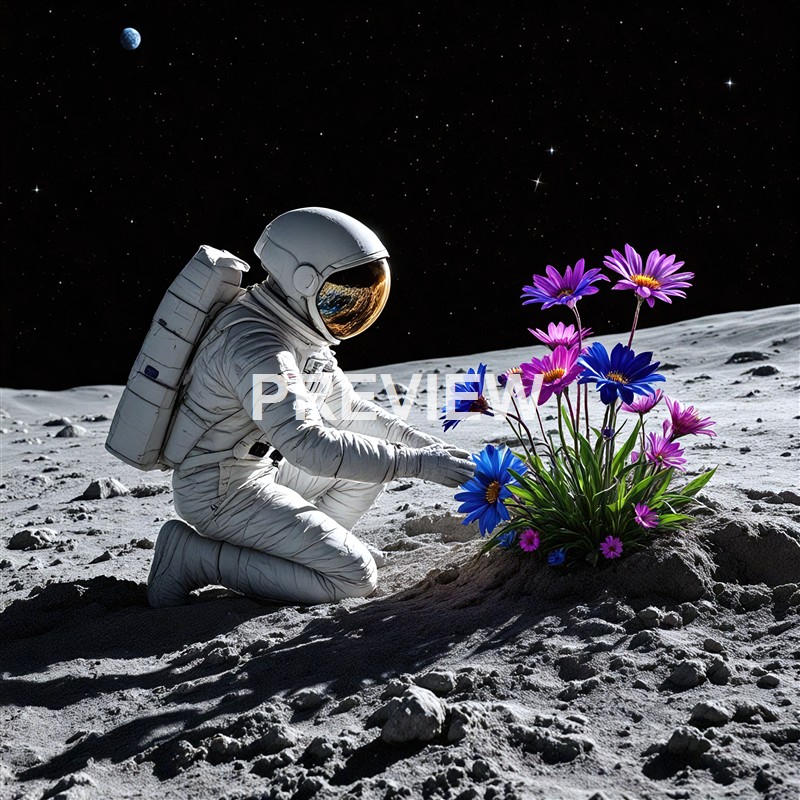 An astronaut in a spacesuit is kneeling on the moon's surface, tending to a vibrant bouquet of purple and blue flowers, with the black starry sky and Earth visible in the background.